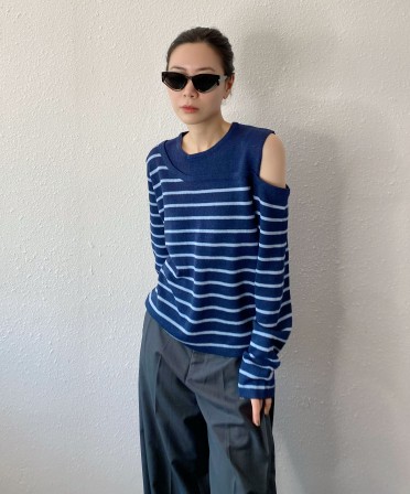 Navy Double Layer Stripe Top #250342